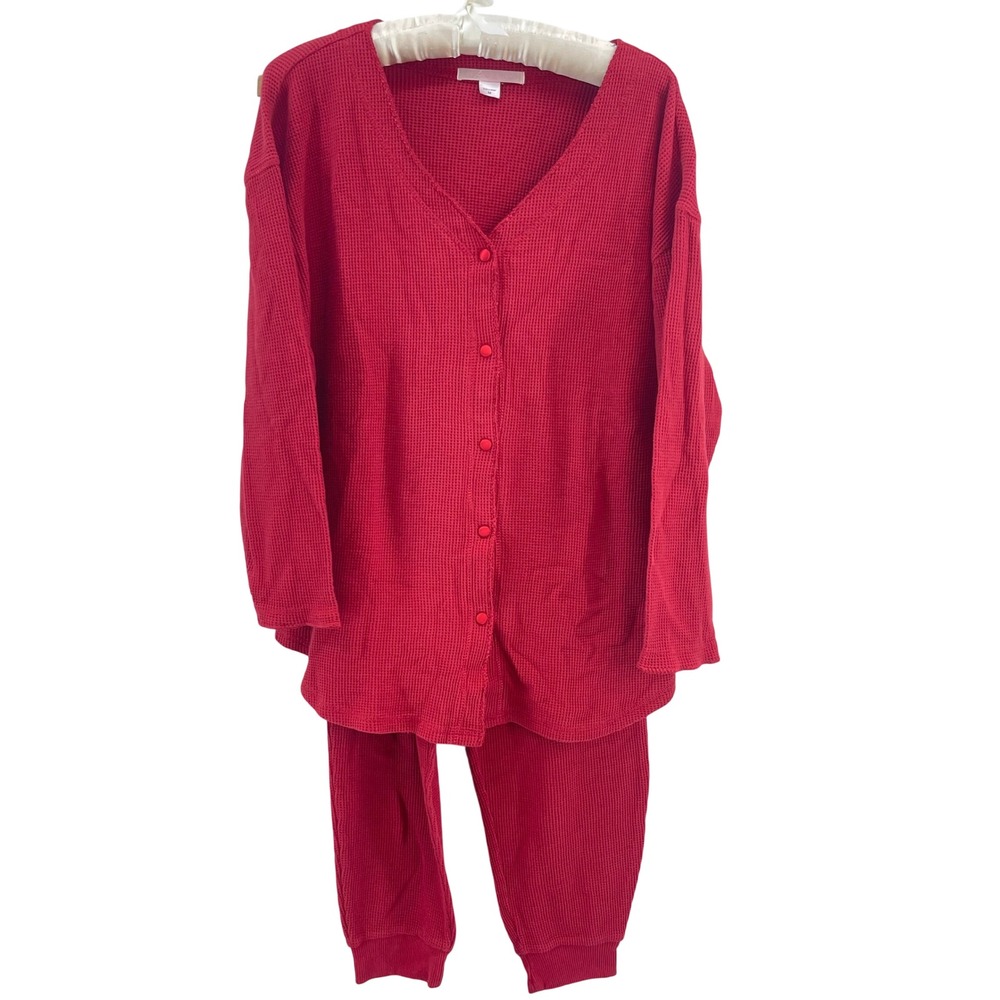 Vtg 90s Victoria's Secret Pajamas Womens M Red Waffle Knit Thermal Lounge Cabin